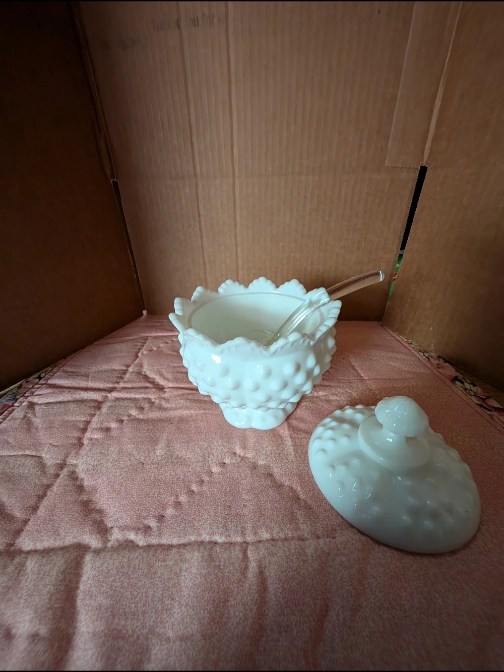 White Hobnail Milk Glass Lidded Jam Jar - with Spoon